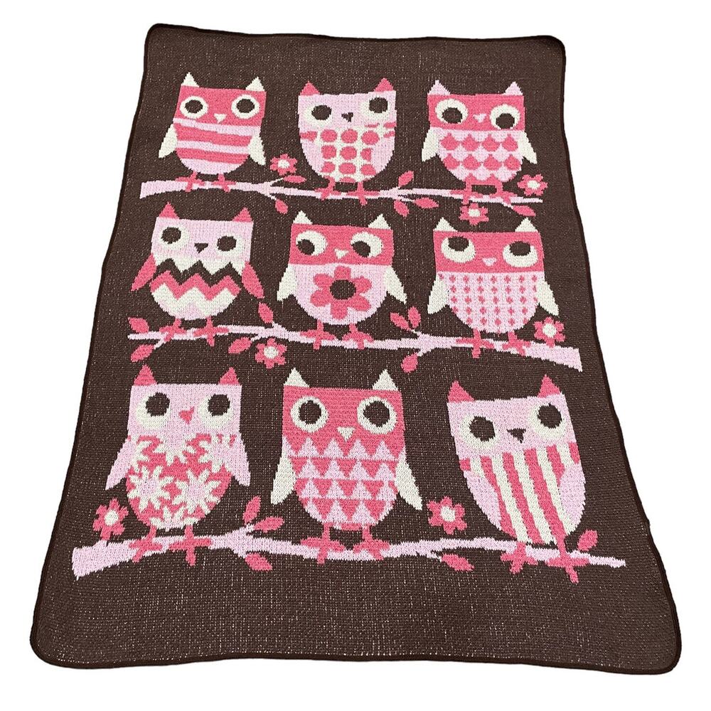 Green 3 Jr Pink Owl Fleece Throw Blanket 45”x 30” Made In USA Boho Eclectic